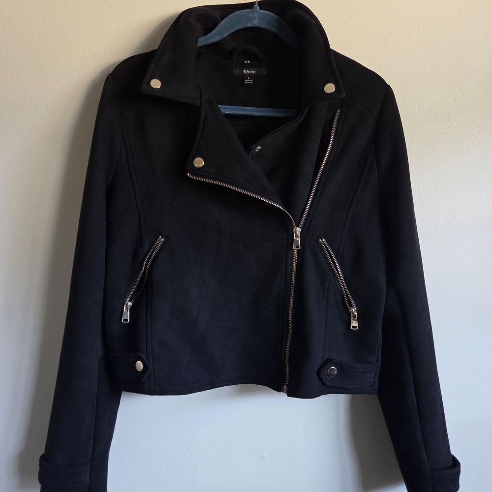Black Asymmetric Moto Jacket with Silver Hardware Size Large - Picture 2 of 6